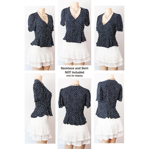 Navy Polka Dot Deep V Neck Button Peplum Shirt Top - Picture 7 of 8